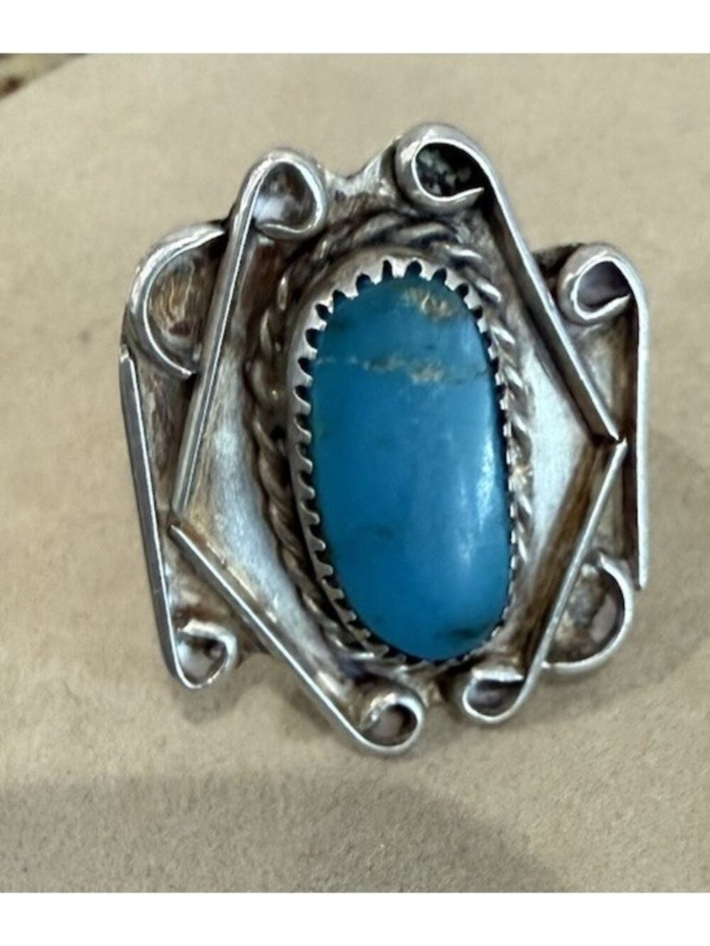 Vintage Natural Turquoise Sterling Silver Navajo Ring Size 8.5” Unmarked